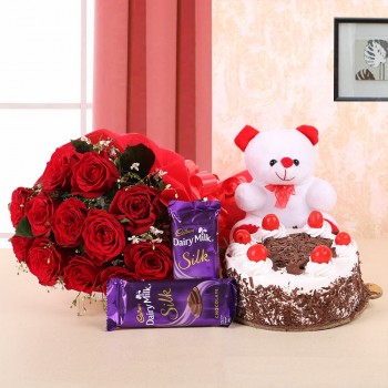 Red Roses With Teddy & Cake N Chocolate